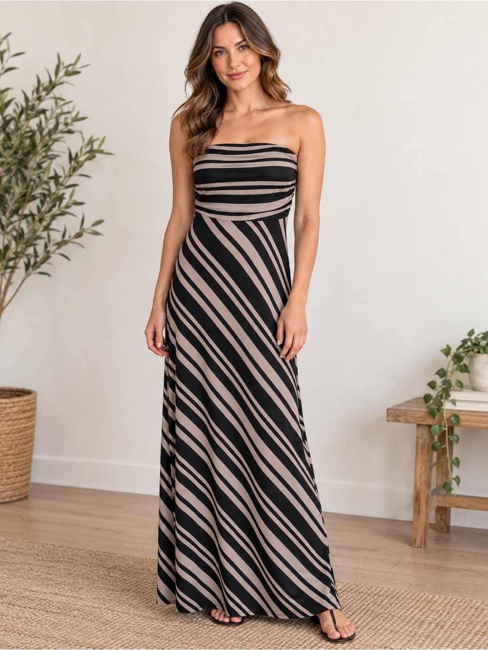 Banana Republic Strapless Black and Taupe Striped Maxi Dress Size S Resortwear